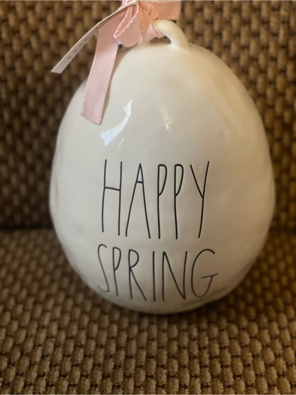 Rae Dunn White "Happy Spring" Ceramic Egg with Pink Ribbon